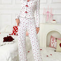 Autumn Winter Sleepwear for Women Two-piece Pajamas Set Heart-shaped Printed Long-sleeved Shirts and Long Pants Homewear