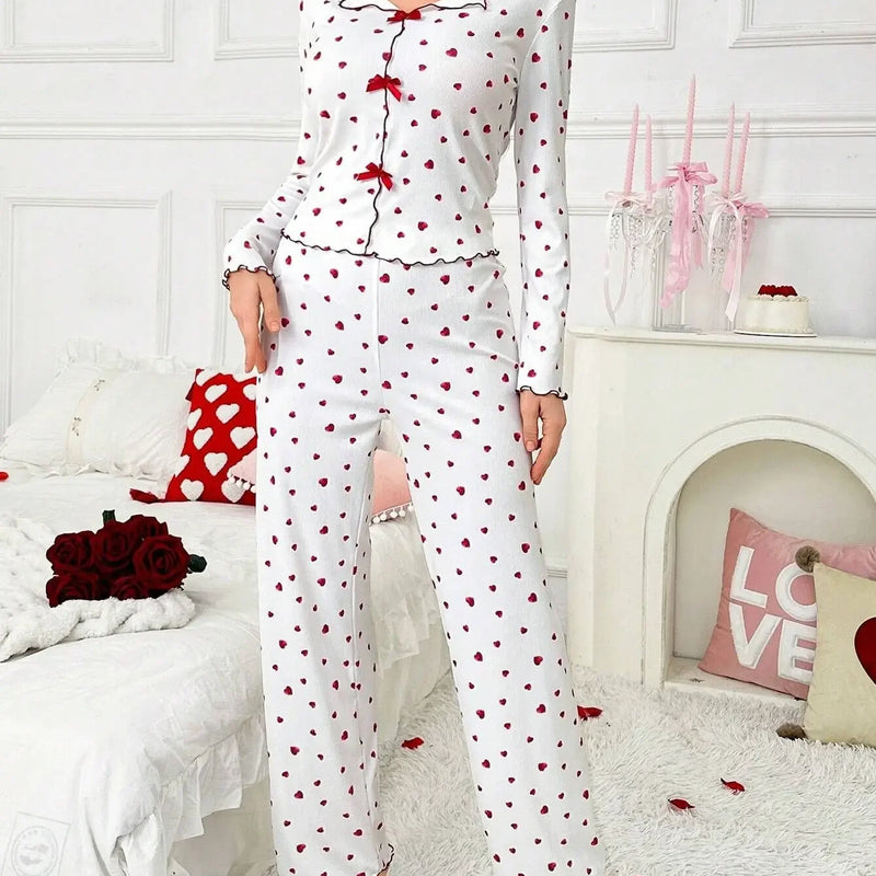 Autumn Winter Sleepwear for Women Two-piece Pajamas Set Heart-shaped Printed Long-sleeved Shirts and Long Pants Homewear