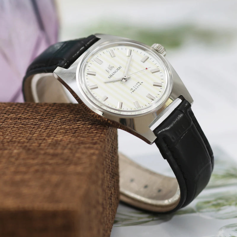 Vintage Shanghai Hand Wind Mechanical Watch  Simple Silver Case Black Leather Band Business Dress Wrist Watch