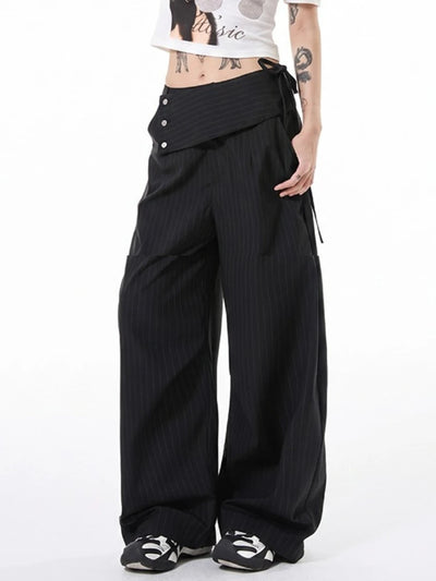 Detachable Skirt Panel Striped Suit Pants Women Turn Up | SAMAG