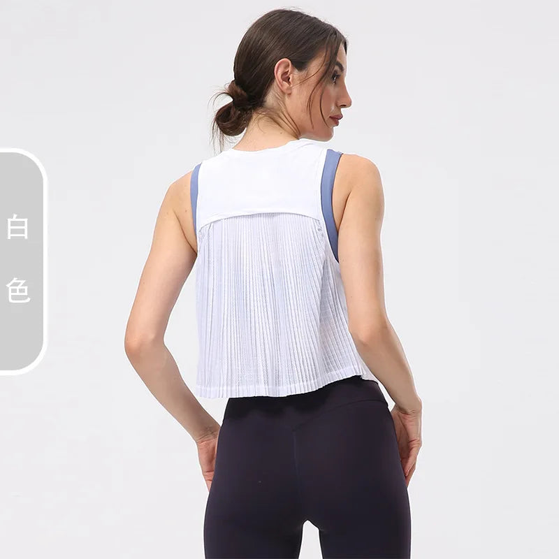 Cover Up Shirt for Women, Quick Drying, Summer Thin Pleated and Wrinkled Fitness Suit, Top Worn with Sleeveless Sports Vest