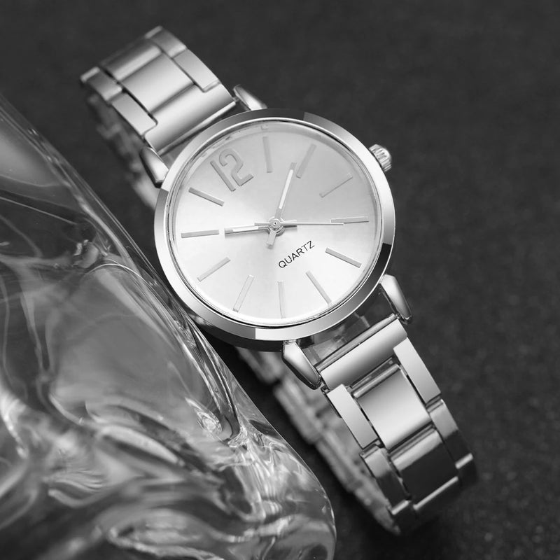 2PCS Women's Watch Fashion Gold Steel Band Quartz Wristwatch Opening Cuff Bracelet Set