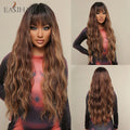 Long Blonde Ombre Brown Synthetic Wigs Water Wavy Platinum Wigs with Bang Hair Wig for Women Daily Cosplay Party Heat Resistant