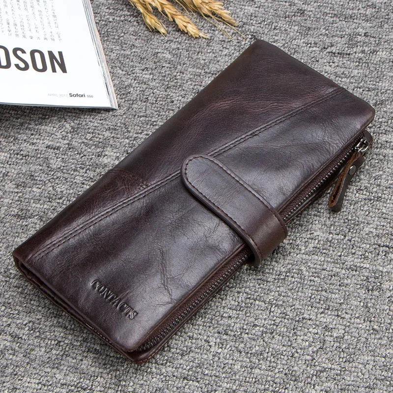 CONTACT'S Genuine Crazy Horse Cowhide Leather Men Wallets  Fashion Purse With Card Holder Vintage Long Wallet Clutch Wrist Bag