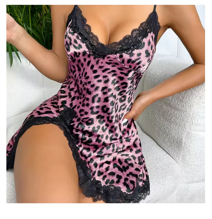 Leopard Silk Satin Women Nightgown Sleeveless Side Split | SAMAG