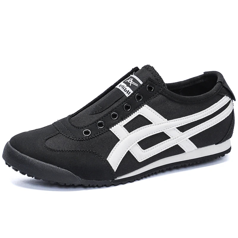 Men's Striped Canvas Sneakers Low Top Casual Walking Trainers with Extra Laces Flat Trainer Shoes Dual Wear Lace Up or Slip On