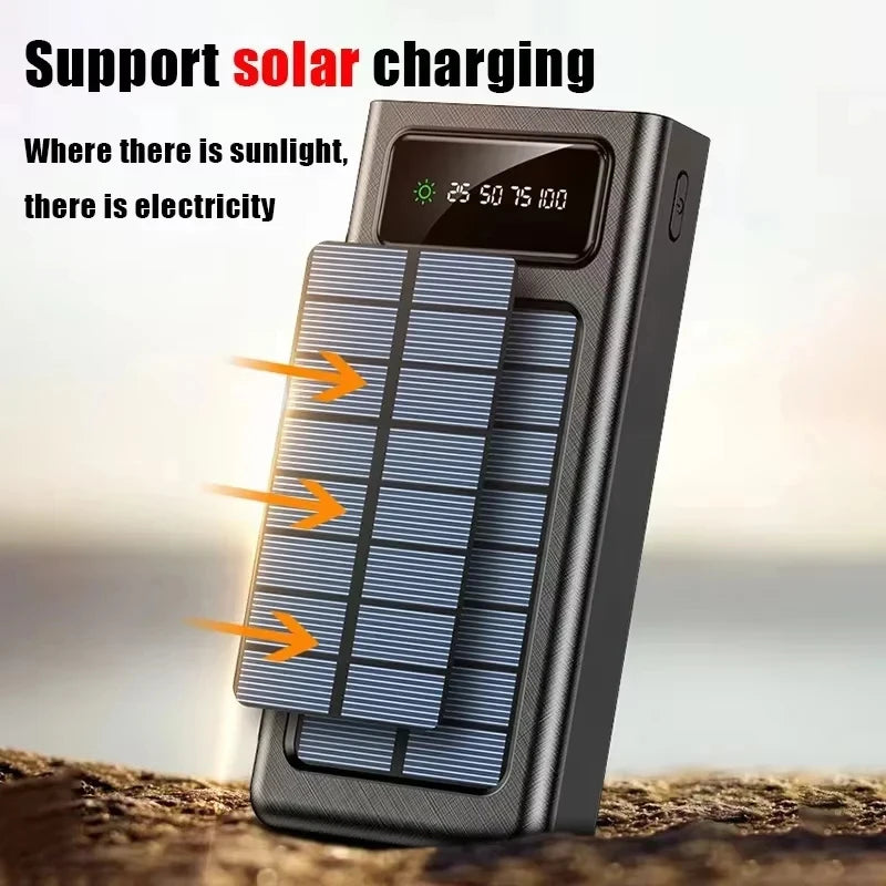 Portable Solar Charger Power Bank High Capacity External Rechargeable Solar Battery With 4 Cables For iPhone Samsung 2026