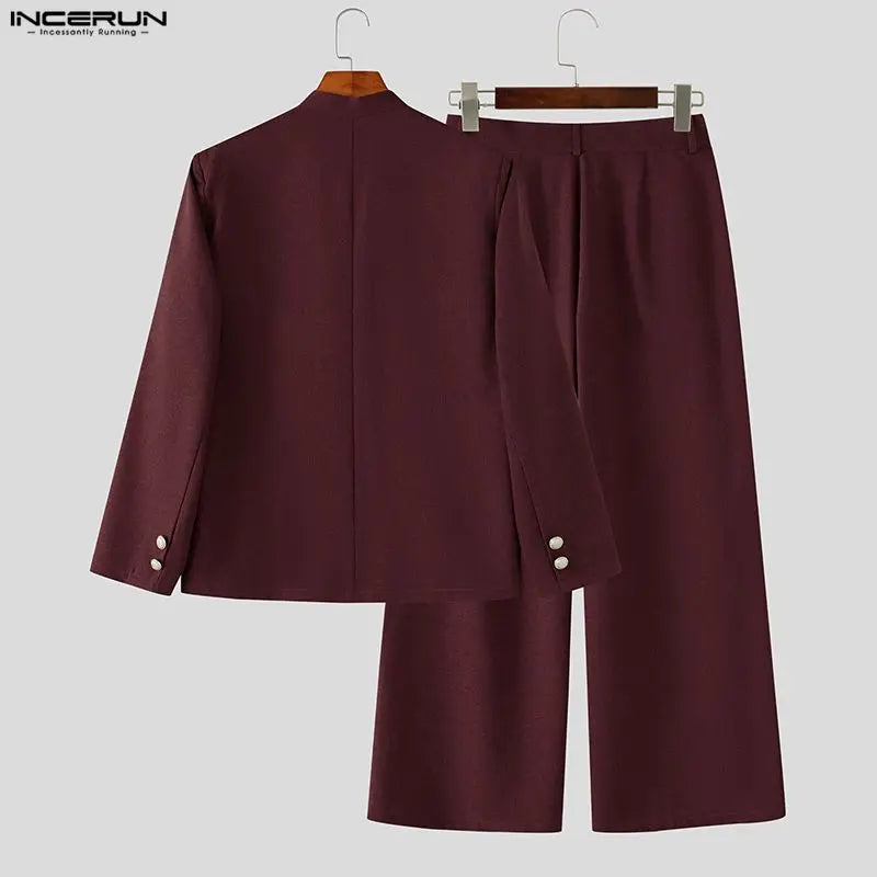 INCERUN Men's Sets Solid Color V Neck Long Sleeve Blazer Pants Two Piece Elegant Streetwear Fashion Matching - View 5 | SAMAG