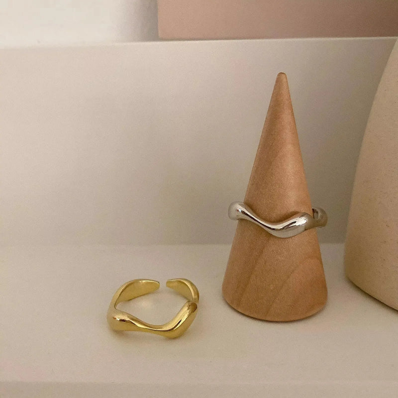 VENTFILLE 925 Sterling Silver Irregular Design Wave Golden Stackable Finger Rings Trendy Adjustable For - Visuel 4 | SAMAG