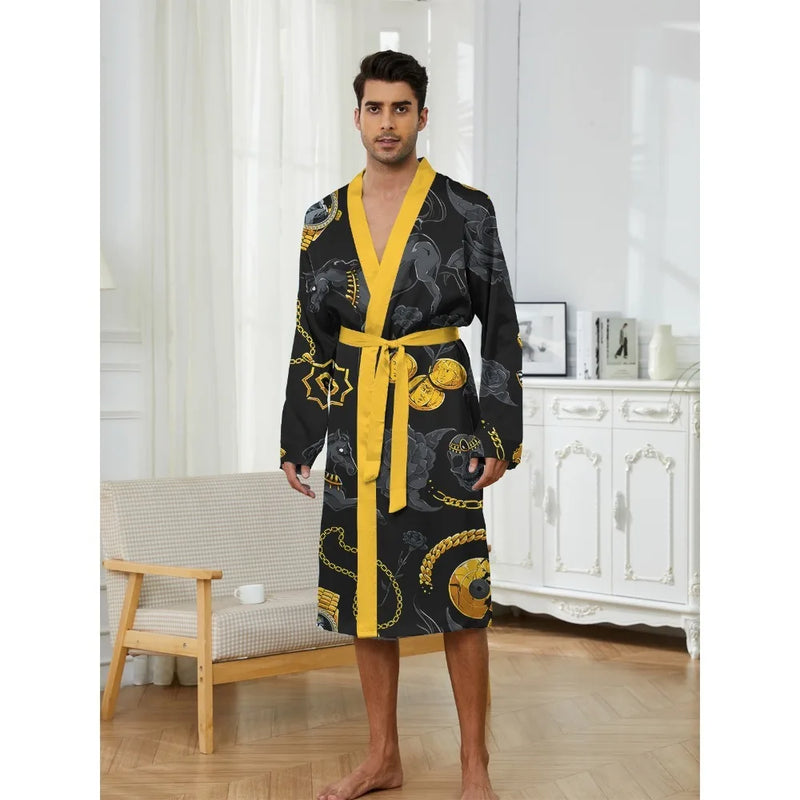 Men's Long Robe Quick Drying Spring and Autumn Home Trend Fun Digital Printed Nightgown for Leisure and Entertainment.