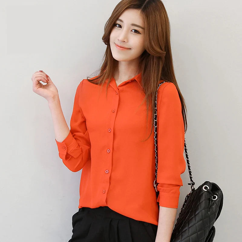2025 Autumn Women's Solid Color Lapel Long Sleeve Chiffon Shirts Simple Casual Loose Woman Blouse and Tops Office Lady Clothes