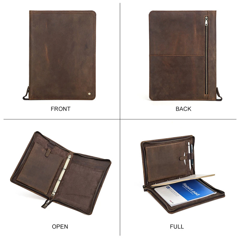 Luxury Retro A4 Cowhide Business Leather Portfolio with 4 Ring Binder Sketchbook Paper Pen Holder Ipad 11 pro Zipper Travel Case