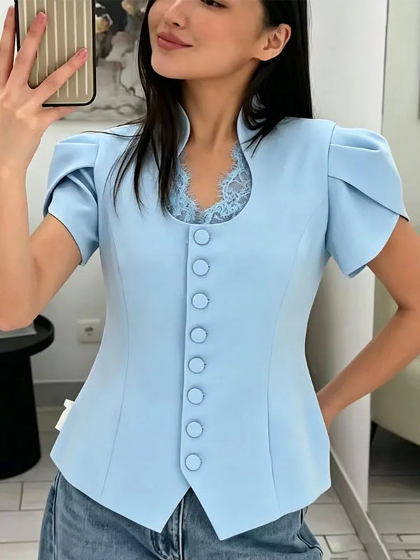 Women V Neck Puff Sleeve Cropped Blouse Button Slim - View 6 | SAMAG