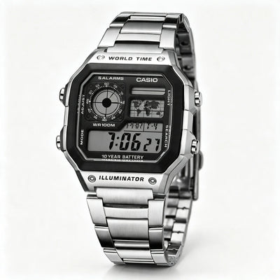 Casio AE1200WH Series Men's Digital Watch 100M WR Multi Alarms 100 SEC Stopwatch Countdown Timer World Map for | SAMAG