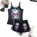 Women Skull Print Vest and Shorts Two Piece Sets Summer Casual Set Women