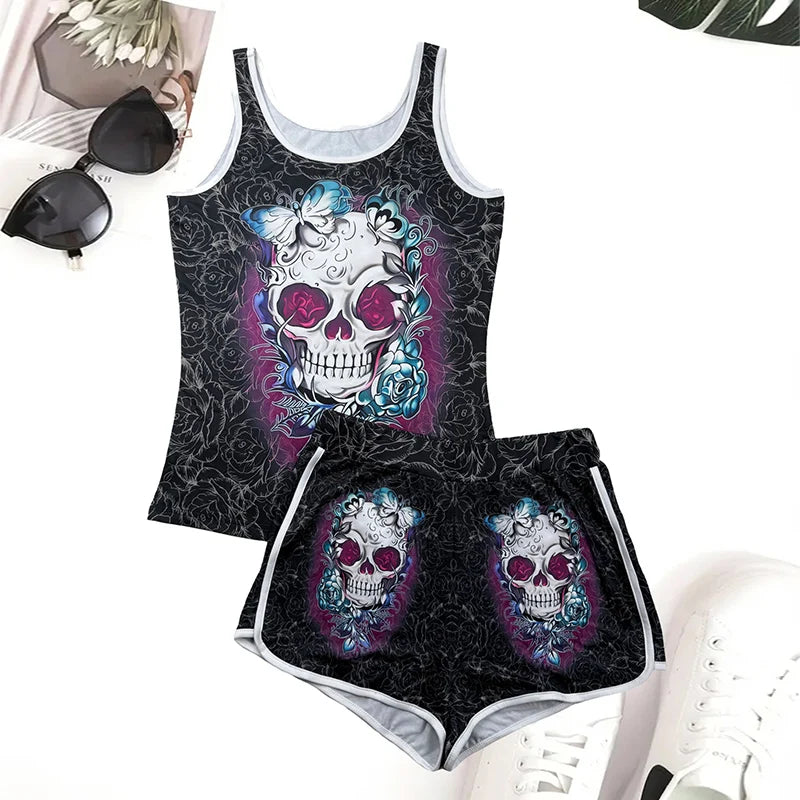 Women Skull Print Vest and Shorts Two Piece Sets Summer Casual Set Women