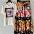 Designer retro geometric print knitted T-shirt two-piece summer women's dress+loose plus-size pleated skirt fashion suit