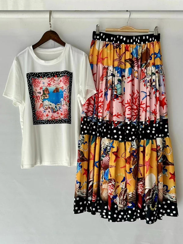 Designer retro geometric print knitted T-shirt two-piece summer women's dress+loose plus-size pleated skirt fashion suit