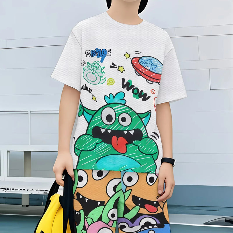 Boys Summer Outfit Monster Print Short Sleeve T-Shirt | SAMAG