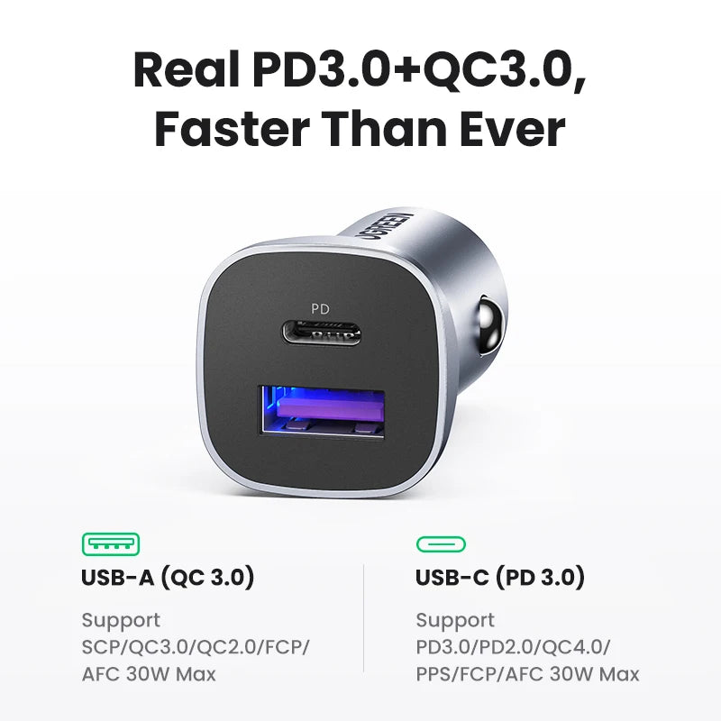 UGREEN 30W Car Charger USB Type C Fast Charger QC 4.0 3.0 PD 20W Quick Charging for iPhone 15 14 13 Xiaomi Mobile Phone Charger
