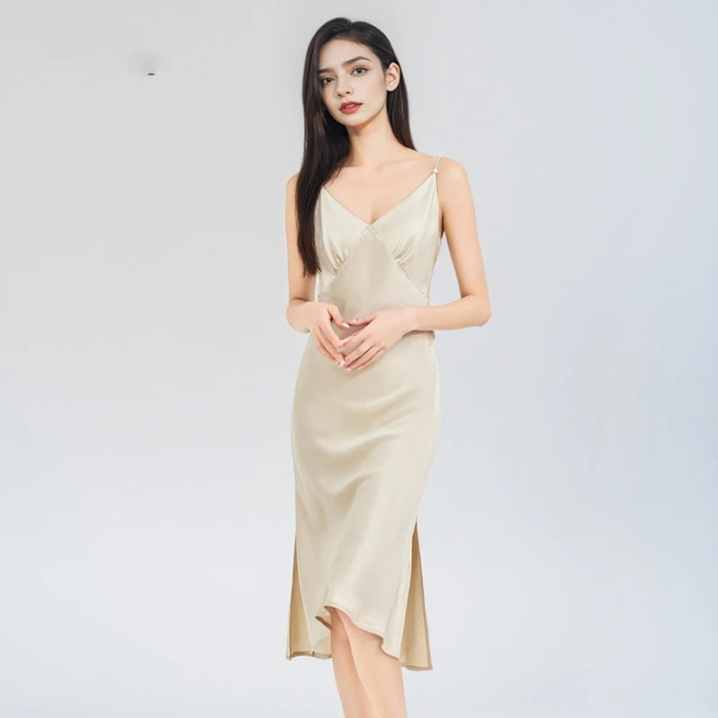 Winsleter-Women 16MM 100%Real Silk Elegant Nightgown, Sexy V Neck Solid, Backless Thin Chic Pajamas Dress, 2025 Summer P53623CC
