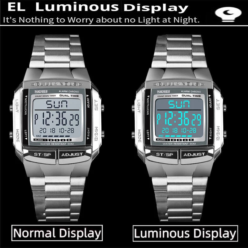 Skmei Men's Digital Sport's Watches Stainless Steel Strap 5 Alarm Clock Waterproof Led Chronograph Fashion Male Dual Time