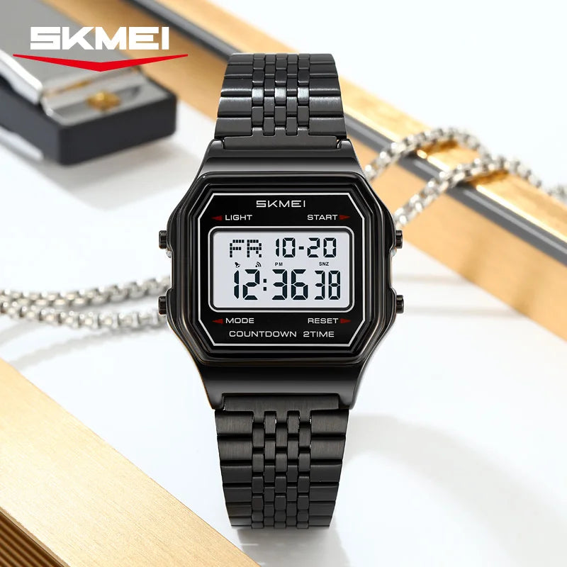 SKMEI 2465 Luxury Men's Digital Watch Waterproof Stainless Steel Electronic Men's Watch LED Display Sport Clock Reloj Hombre