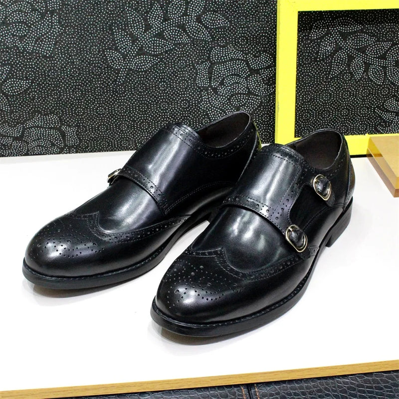 Men's Leather Loafers Double Buckle Monk Strap Handmade Dress Shoes Wingtip Pointed Toe Brogue Wedding Office Business Shoes