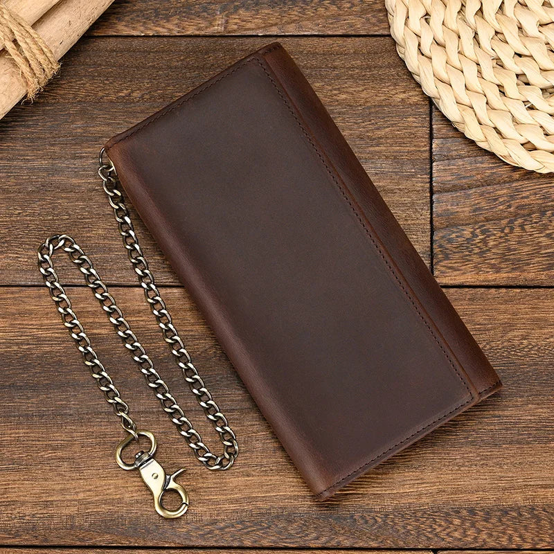 Men's Vintage Crazy Horse Leather Chain Wallet Genuine Leather Bifold Long Wallet Snap Card Holder Purse Zipper Coin Rfid Pocket