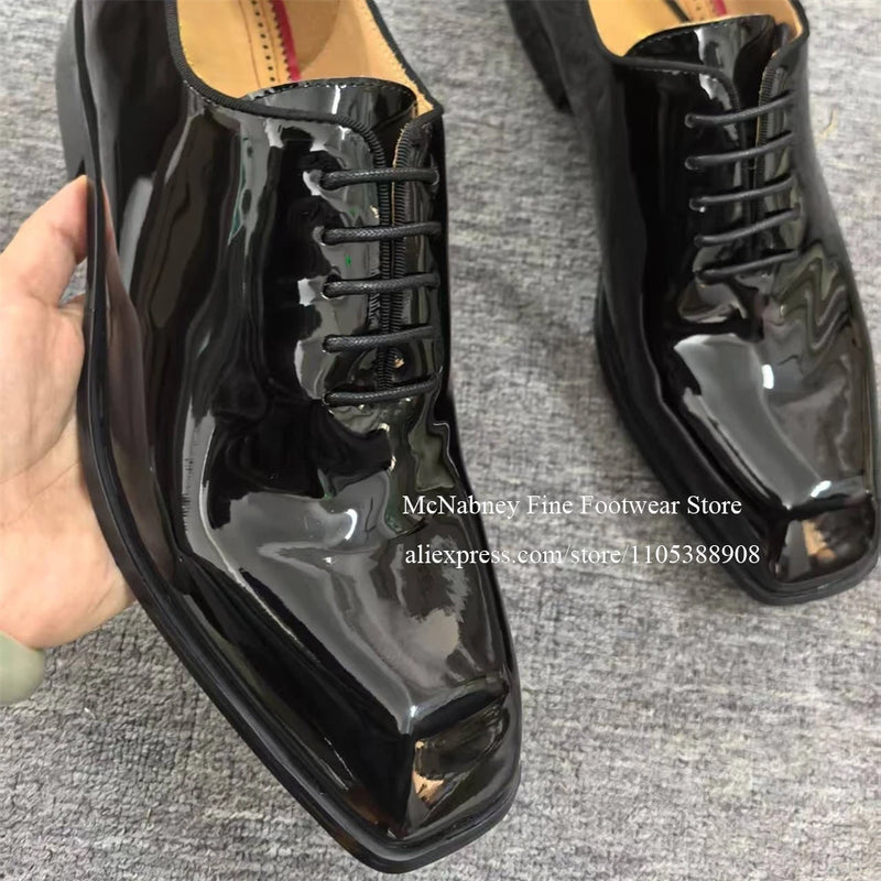 Glossy Patent Leather Dress Shoes Oxfords Square Toe Lace Up Formal Shoes for Men Wedding Office Business Ideal Gift for Men