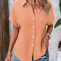 Women Casual Cotton Blouse Vintage Summer Short Sleeve Slim Shirt Elegant Turn Down Collar Solid Tunics Harajuku Streetwear Tops