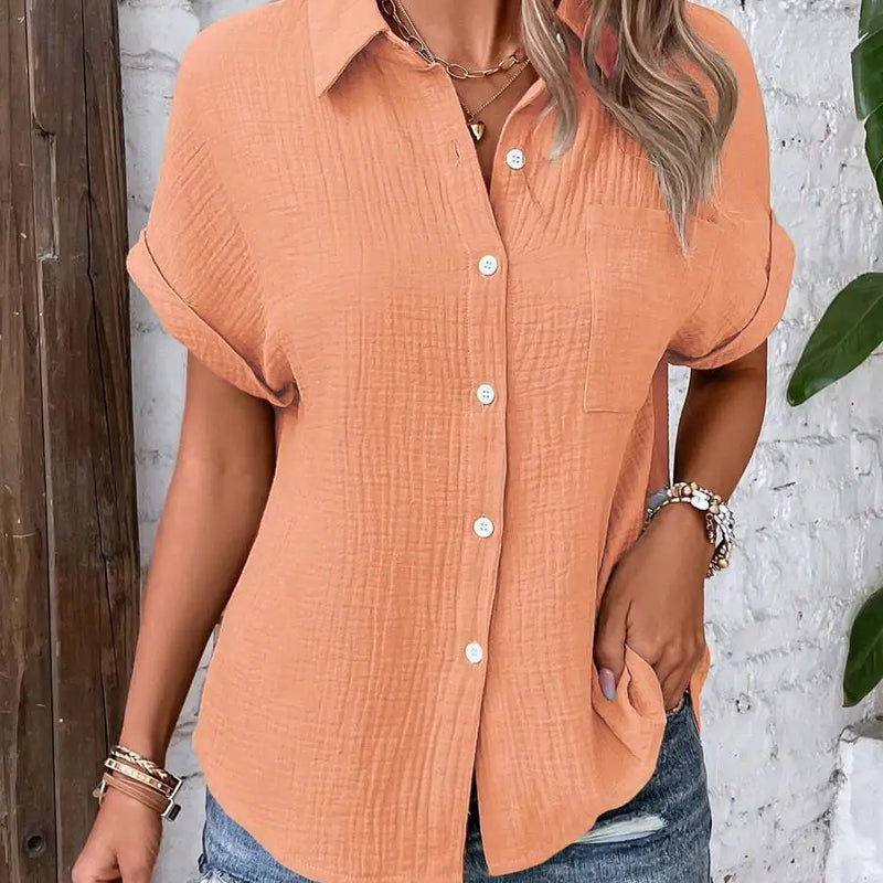 Women Casual Cotton Blouse Vintage Summer Short Sleeve Slim Shirt Elegant Turn Down Collar Solid Tunics Harajuku Streetwear Tops