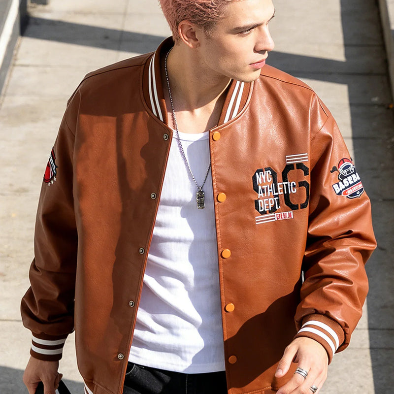 Men's Faux Leather Jackets Varsity Embroidered Baseball Coat Casual Daily Motorcycle Windbreaker Outerwear New in Jacket