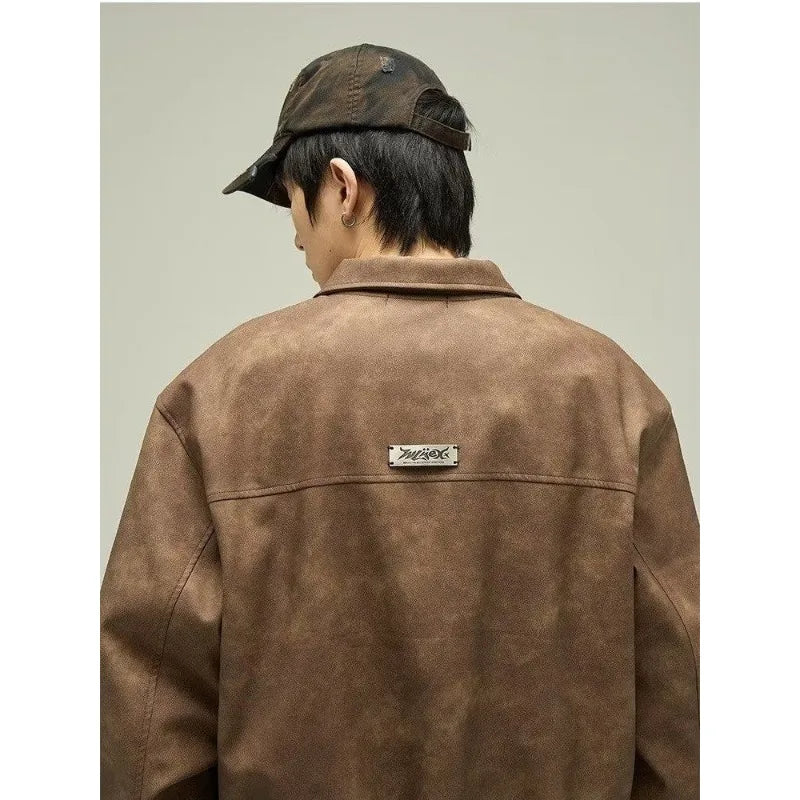American Retro Brown Motorcycle Mens Leather Jacket Maillard Style Loose Lapel Zipper Men and Women Couple Bomber Jacket Coat