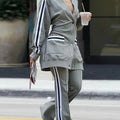 Women's New Versatile Fashion Side Stripe Casual Two-piece Suit, Long Sleeve Round Neck Snap Button Belt Pocket Jacket and Waist Casual Wide-leg Pants