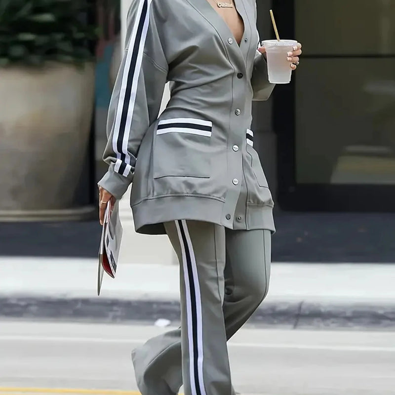Women's New Versatile Fashion Side Stripe Casual Two-piece Suit, Long Sleeve Round Neck Snap Button Belt Pocket Jacket and Waist Casual Wide-leg Pants