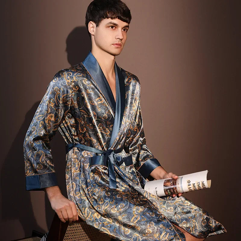 Men Summer Thin Bathrobe High Quality Nightrobes One-Piece Robe Male Loungewear Gents Spring Large Size Ice Silk Printed Pajamas
