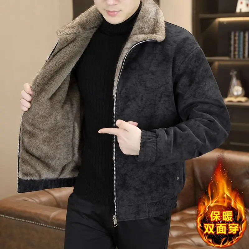 Winter Fleece and Thickened Leather Jacket for Men with A Fur Collar Warm and Casual American High-end Faux Fur One-piece Jacket