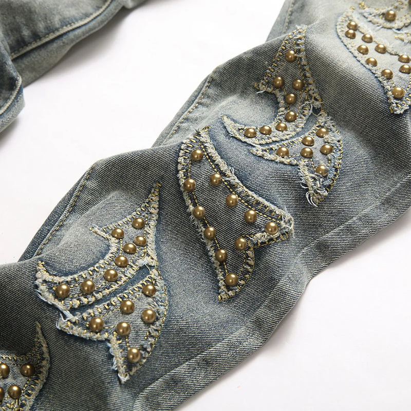 Men Slim Boot Cut Denim Jeans Punk Rivet Patch Stretch | SAMAG