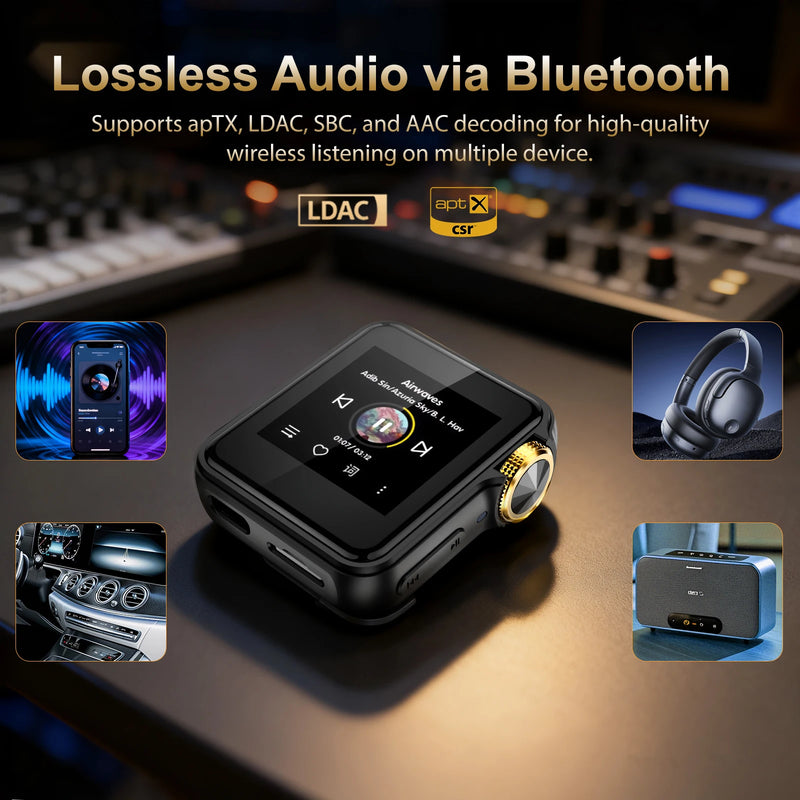 HiFi Mini MP3 Player with Clip Two-way Bluetooth AptX LDAC DSD256 Lightweight 45g ALPS 64GB SD Portable FLAC Player for Sports