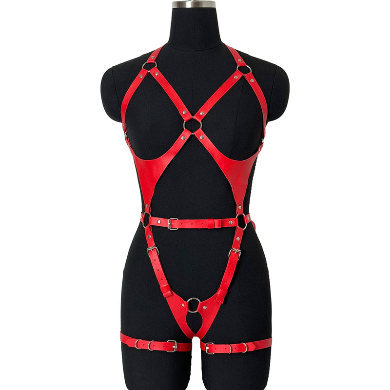 Goth Lingerie Set Women PU Leather Harness Fetish Garters Belts Full Underwear Suspenders Clothing Accessories