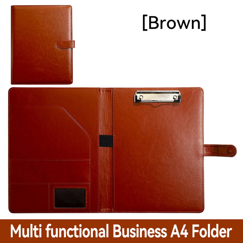 1Pc Texture PU Leather Multi-Functional Folder A4 Clip Pen Holder Card Slots - Business Office Meeting Organizer for Bank/Sales
