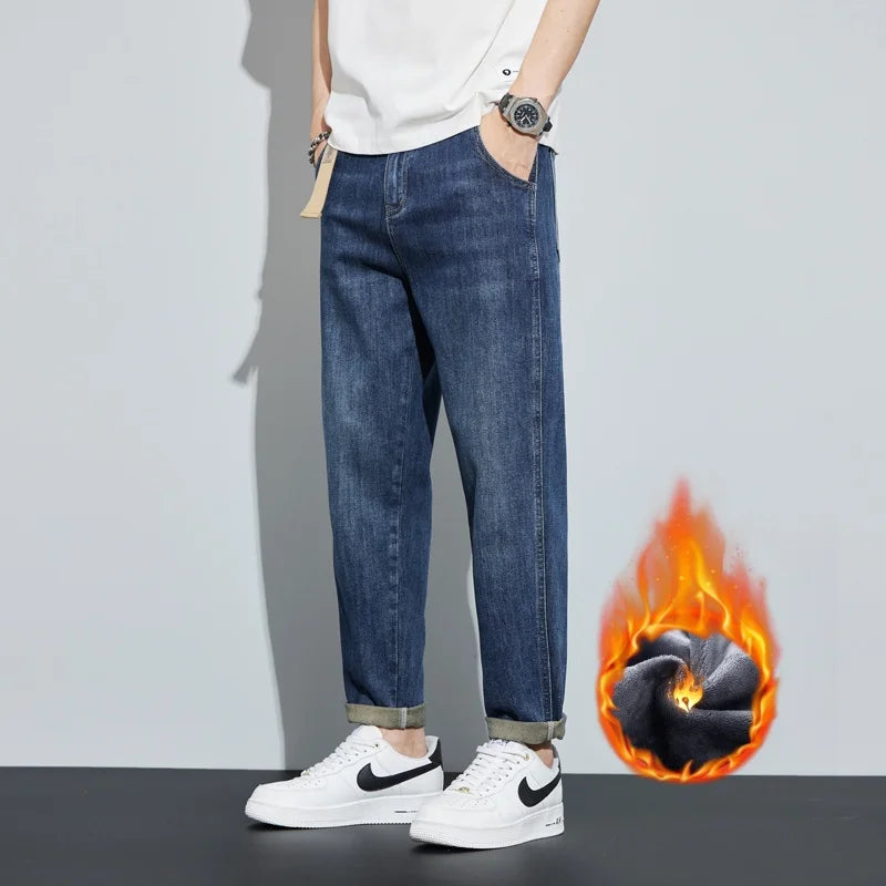 Winter Dark Blue Fleece Jeans for Men Black Loose | SAMAG