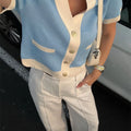 Tossy Knit Sweater Cardigan Coat Female Pocket V-Neck Contrast Short Sleeve Patchwork Elegant Vest Women's Knitwear Cardigan Top