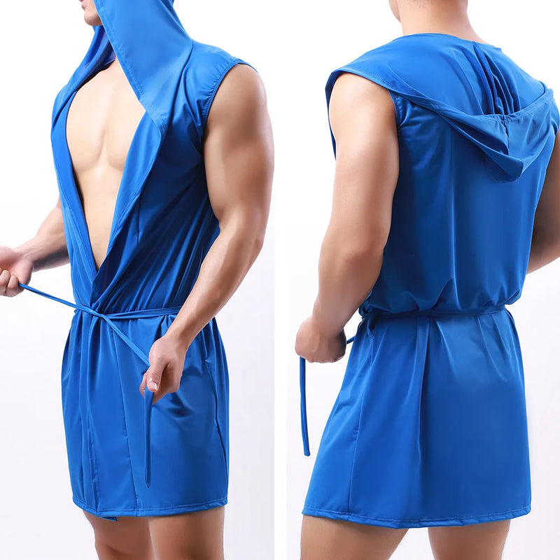 Men Hooded Bathrobes Summer Sleeveless Homewear Silk Pajamas Bathrobe Mens Robes Sleepwear Kimono Dressing Gown with Hood
