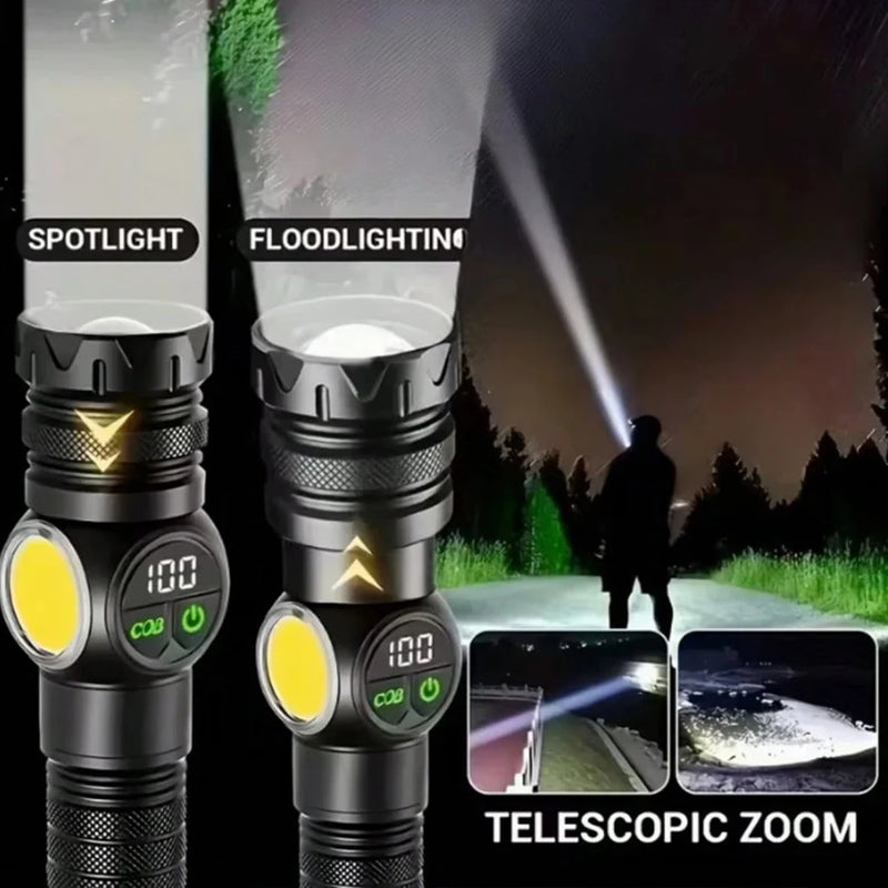2PCS Super Bright Rechargeable LED Flashlight with COB Side Light & Digital Display, USB-C Fast Charging, Zoomable Tactical Torch for Outdoor Camping Hiking Emergency