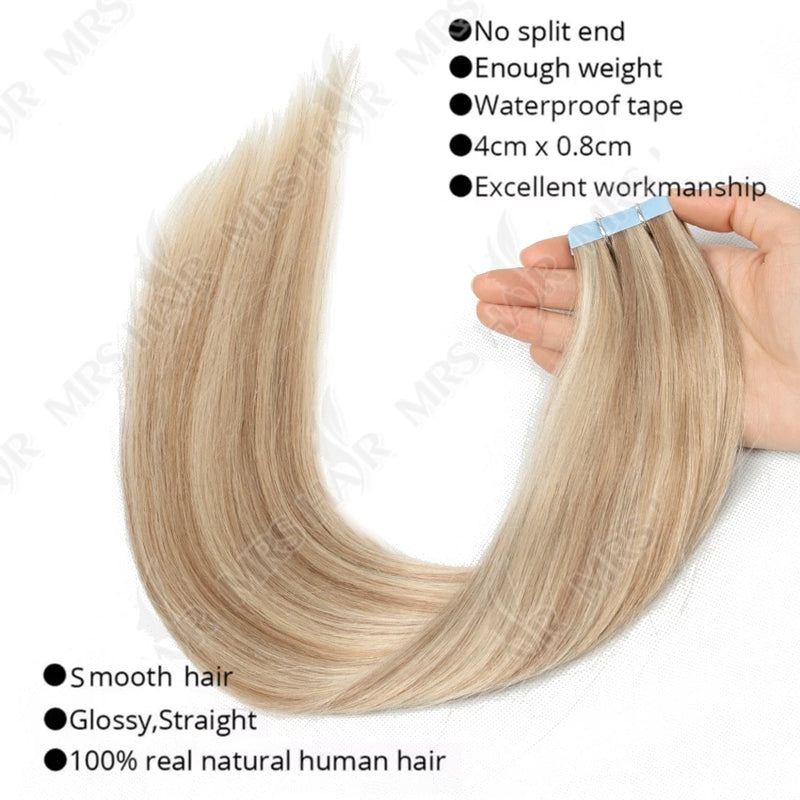 MRSHAIR Tape in Hair Extensions Human Hair Blonde Seamless Tape Hair Extensions 4x0.8cm Skin Weft PU Tape On Hair 20PCS 12"-24"