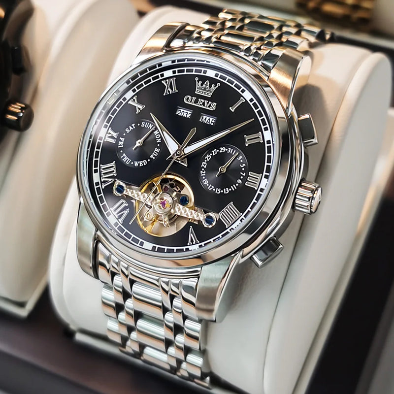 OLEVS 6607 Men's Watches Automatic Mechanical Business Wristwatch Calendar Waterproof Stainless Steel Strap Watch For Man