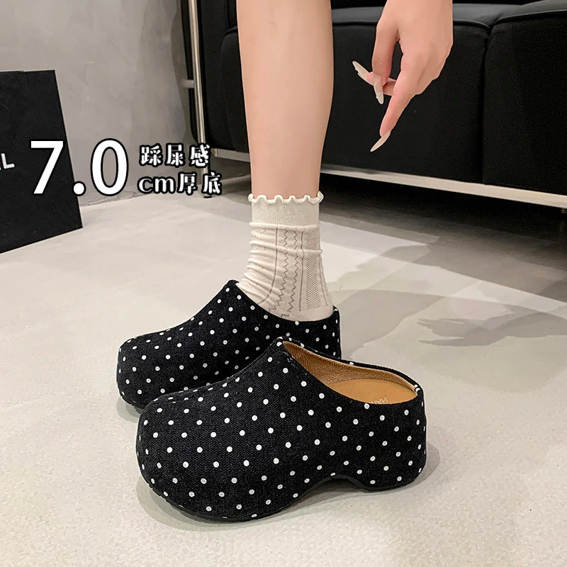 Women Polka Dot Platform Mules Closed Toe Slip On Wedge Clogs Casual Outdoor Slippers Beige Black Brown Three Trendy Shades