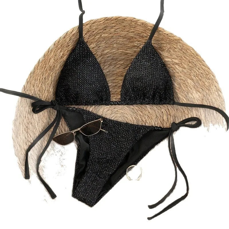 Sexy plain beads micro bikinis sets two pieces thong | SAMAG